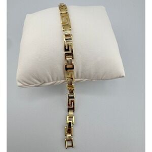 14K Laminated Gold Greek Key Link Bracelet Textured Geometric Jewelry